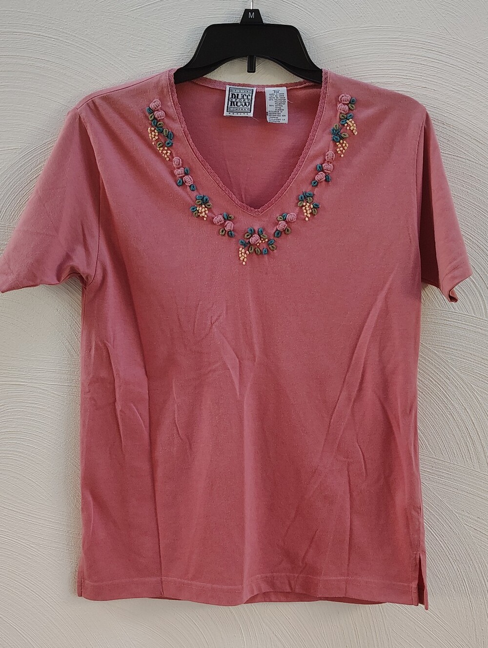 RUSS Sport Knit Pullover Top Petite Embroidered Flowers Vintage Women's Sz PM